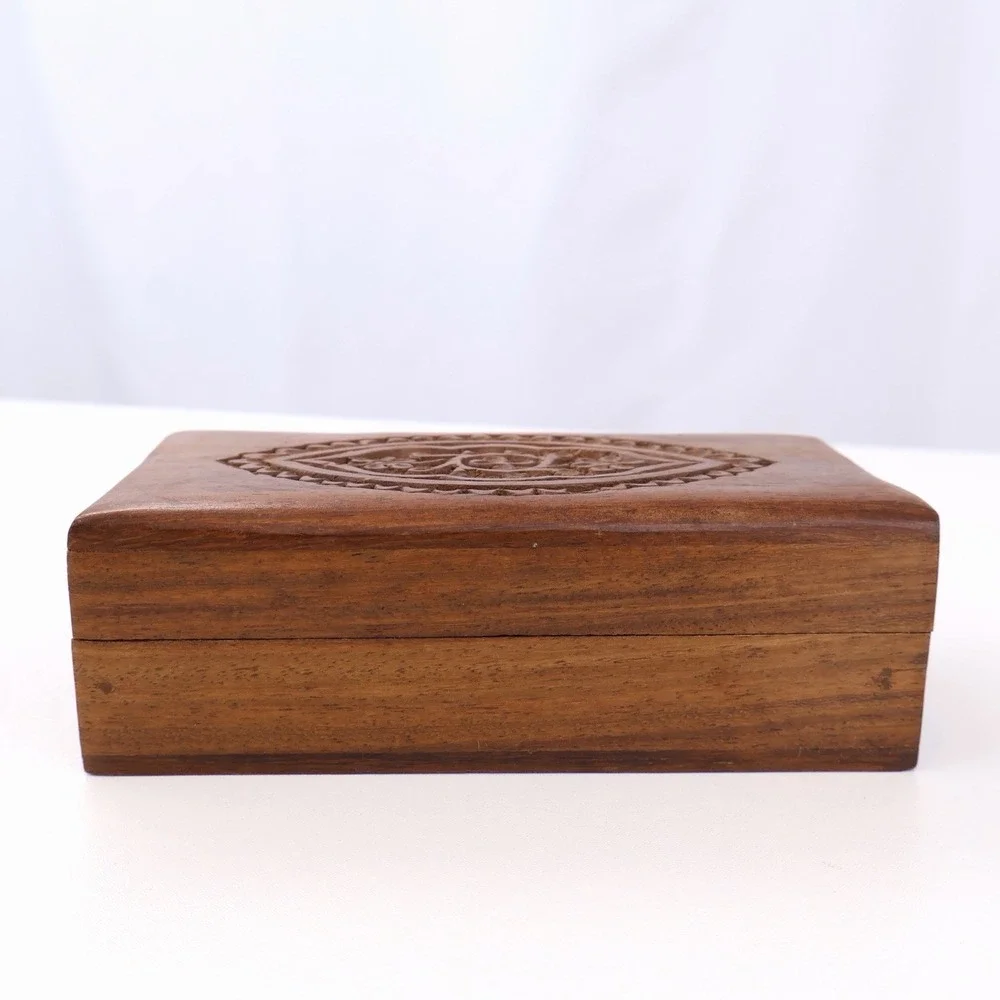 Vintage Hand Carved Wooden Trinket Box Floral Folk Art Jewelry Keepsake Box
